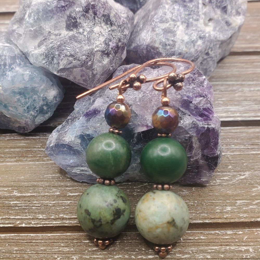 African Turquoise African Jade Tigers' Eye Copper Earrings